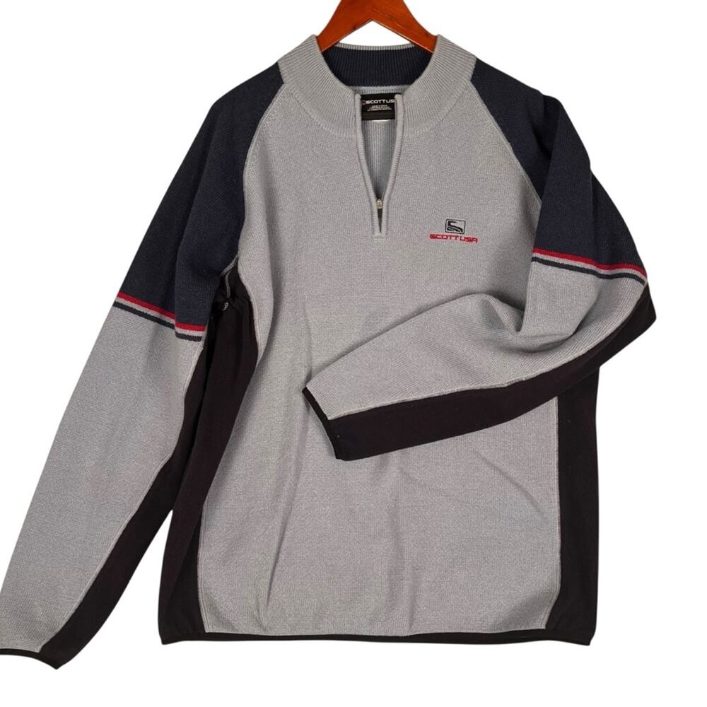 Vintage Scott USA Wool Ski Sweater Mens XL Grey Black 1/4 Zip Pullover Sport